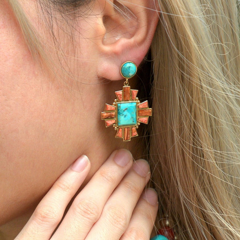 Santa Fe Turquoise and Copper Opal Post Golden Drop Earrings - Barse Jewelry