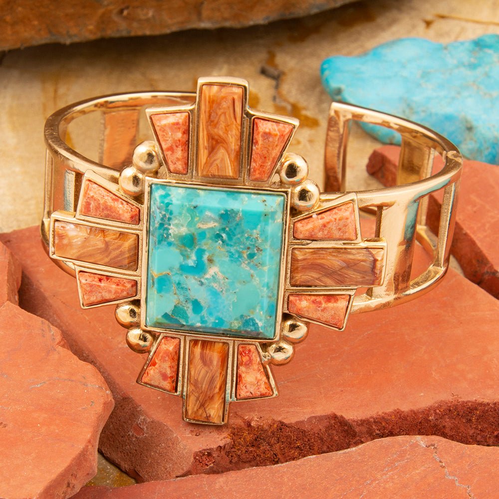 Santa Fe Turquoise and Copper Opal Statement Golden Cuff Bracelet - Barse Jewelry