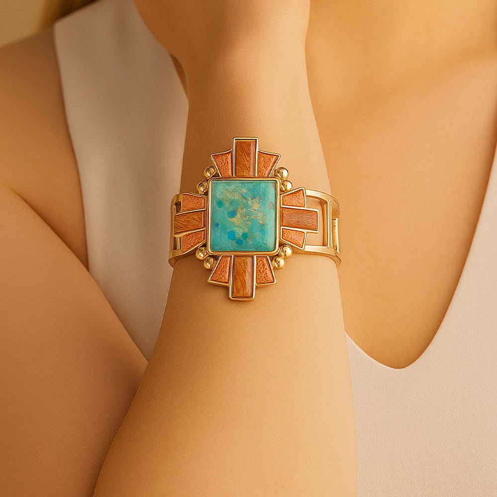 Santa Fe Turquoise and Copper Opal Statement Golden Cuff Bracelet - Barse Jewelry