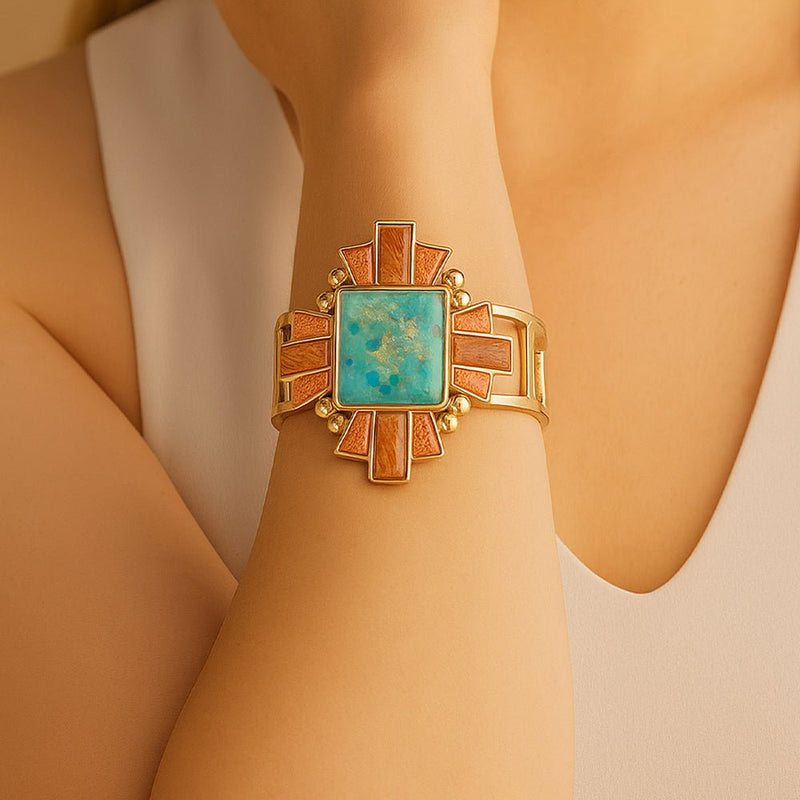 Santa Fe Turquoise and Copper Opal Statement Golden Cuff Bracelet - Barse Jewelry