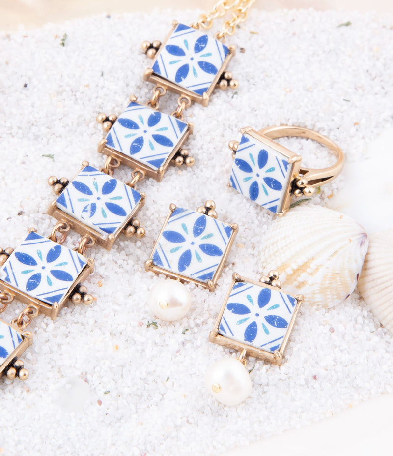 Santorini Blue and White Tile Golden Statement Ring - Barse Jewelry