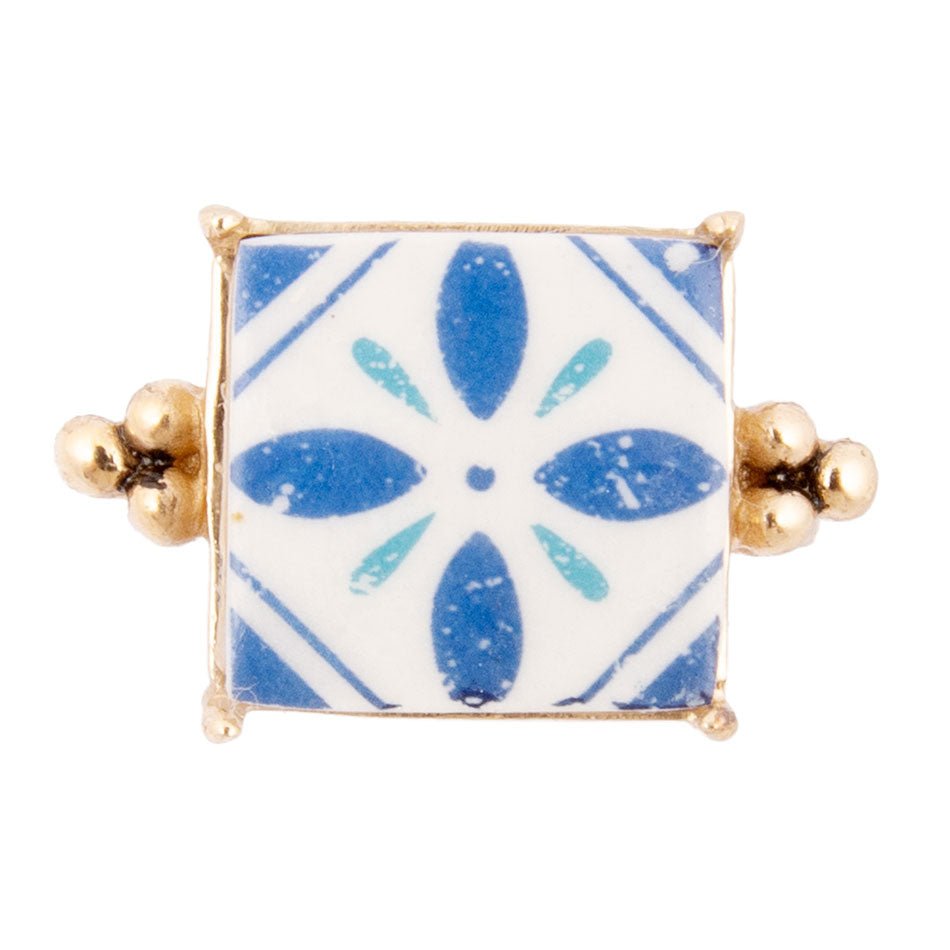 Santorini Blue and White Tile Golden Statement Ring - Barse Jewelry