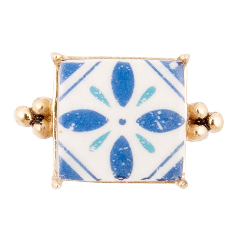 Santorini Blue and White Tile Golden Statement Ring - Barse Jewelry