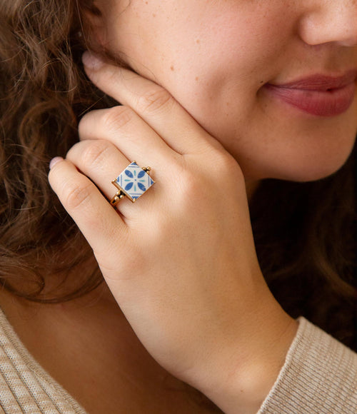 Santorini Blue and White Tile Golden Statement Ring - Barse Jewelry
