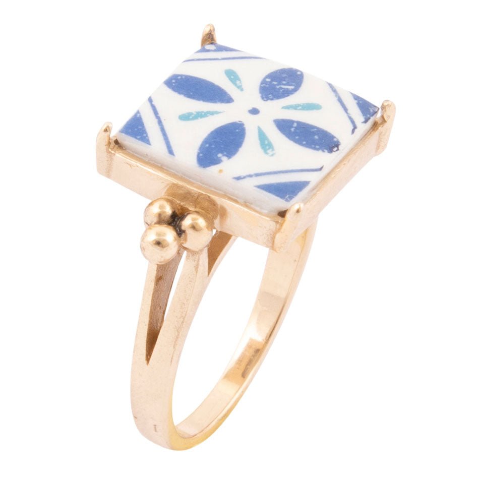 Santorini Blue and White Tile Golden Statement Ring - Barse Jewelry