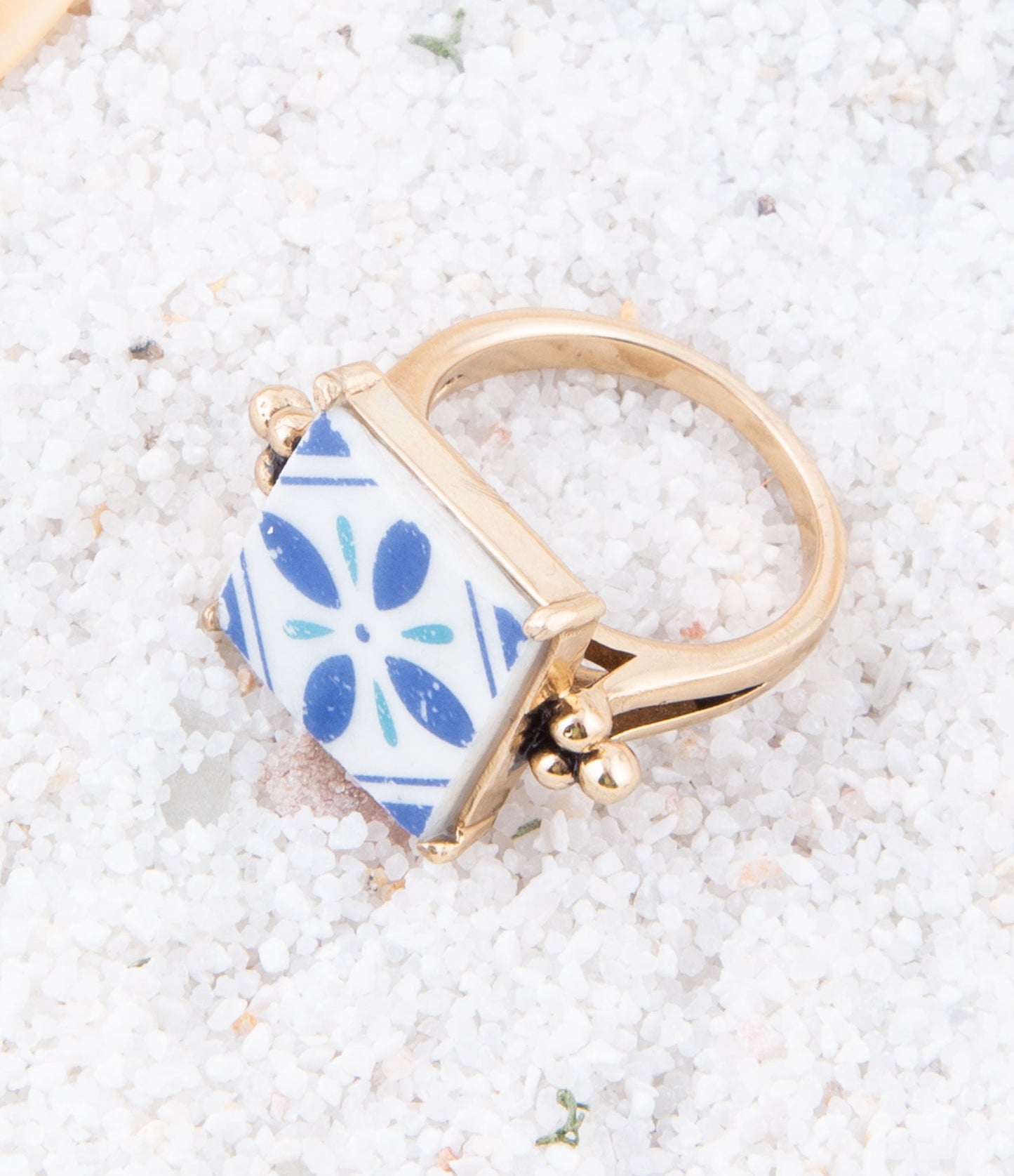 Santorini Blue and White Tile Golden Statement Ring - Barse Jewelry