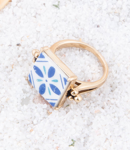 Santorini Blue and White Tile Golden Statement Ring - Barse Jewelry