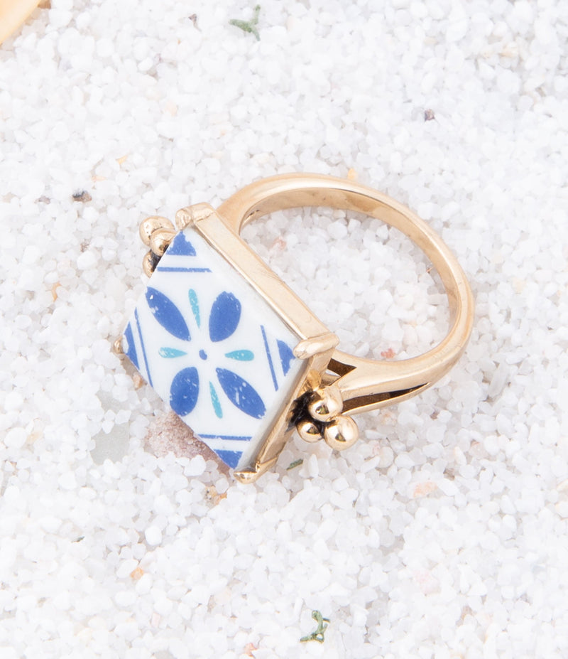Santorini Blue and White Tile Golden Statement Ring - Barse Jewelry