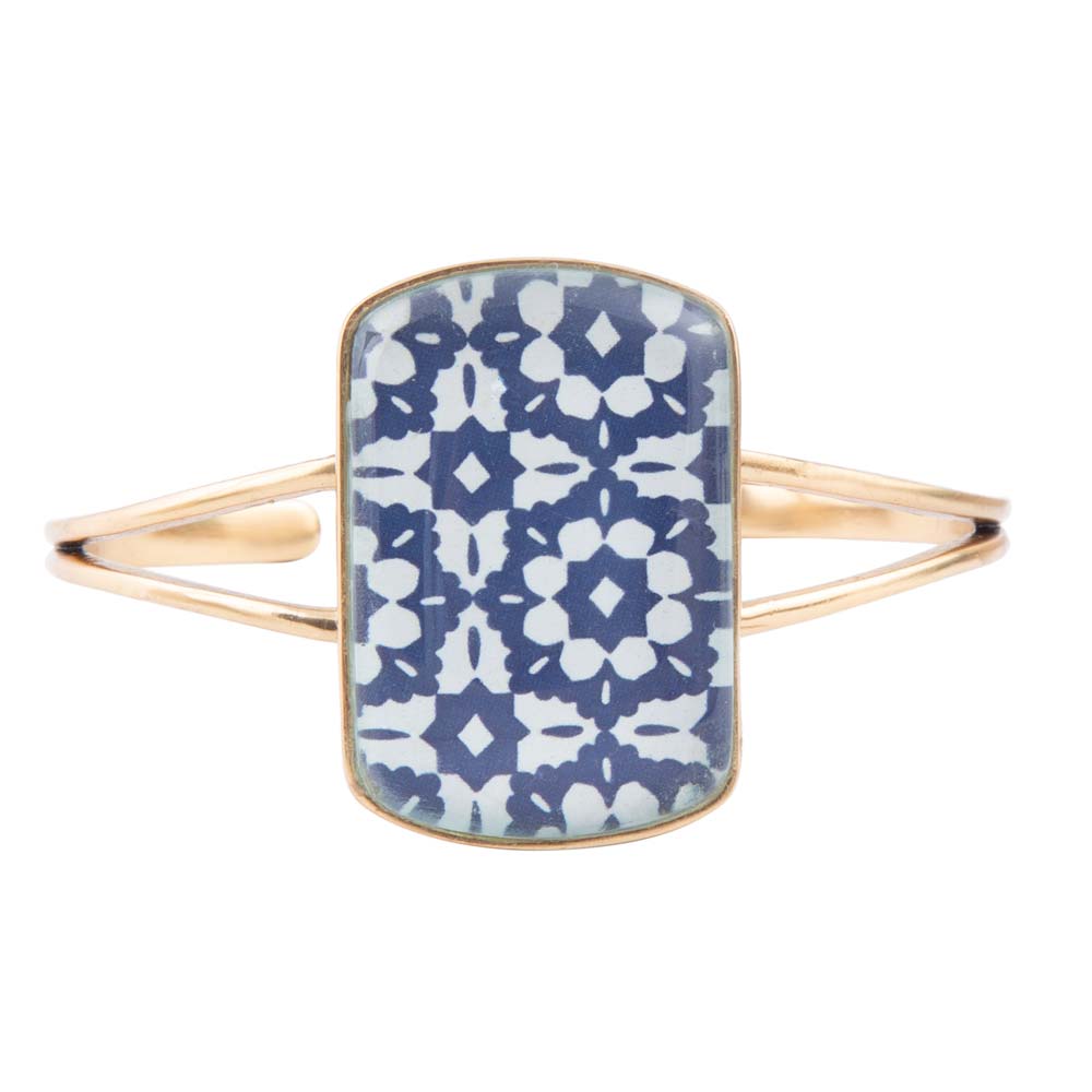 Santorini Cobalt Blue and White Golden Cuff Bracelet - Barse Jewelry