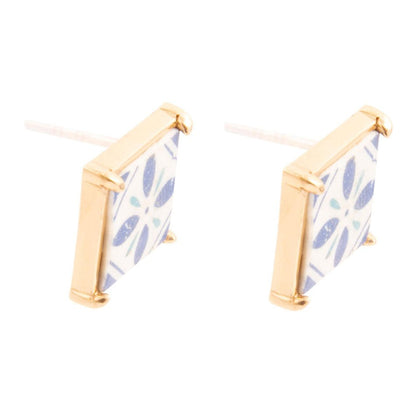 Santorini Dreams Blue and White Tile Post Golden Earrings - Barse Jewelry