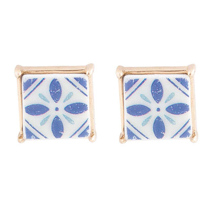 Santorini Dreams Blue and White Tile Post Golden Earrings - Barse Jewelry
