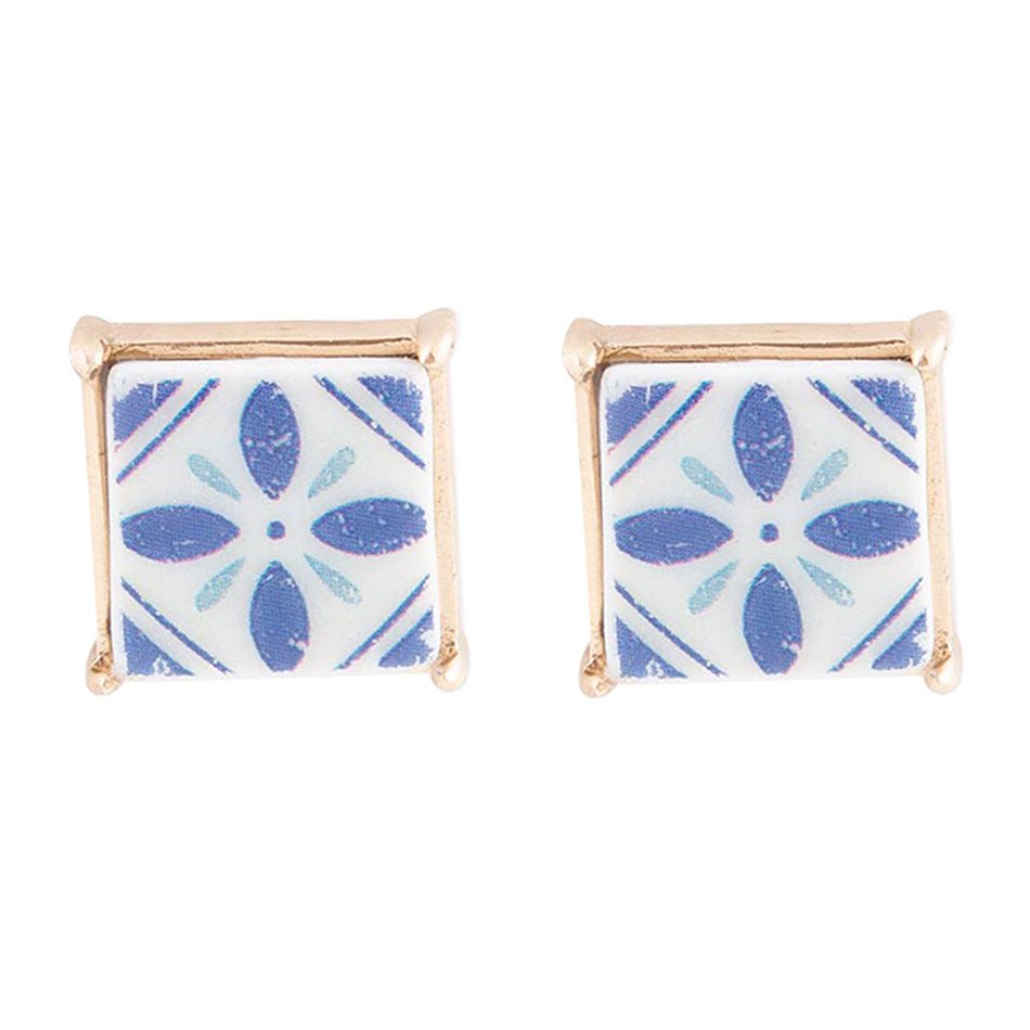 Santorini Dreams Blue and White Tile Post Golden Earrings - Barse Jewelry