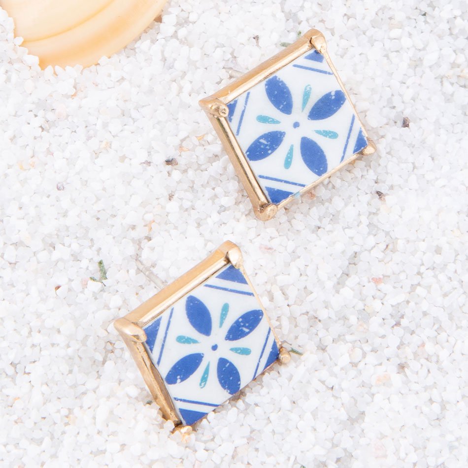 Santorini Dreams Blue and White Tile Post Golden Earrings - Barse Jewelry