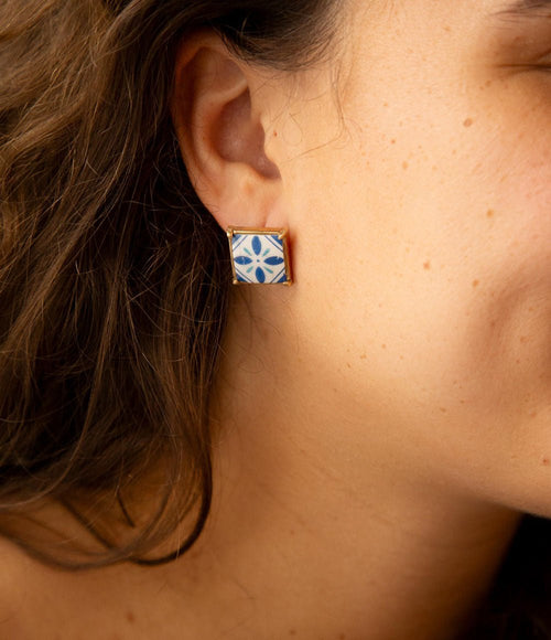 Santorini Dreams Blue and White Tile Post Golden Earrings - Barse Jewelry