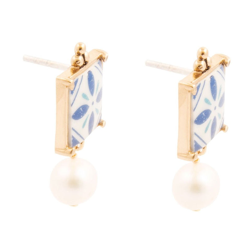 Santorini Dreams Tile Freshwater White Pearl Post Golden Earrings - Barse Jewelry