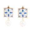 Santorini Dreams Tile Freshwater White Pearl Post Golden Earrings - Barse Jewelry