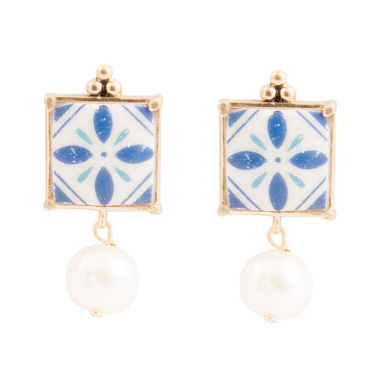 Santorini Dreams Tile Freshwater White Pearl Post Golden Earrings