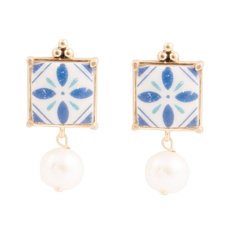 Santorini Dreams Tile Freshwater White Pearl Post Golden Earrings - Barse Jewelry