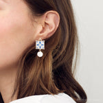 Santorini Dreams Tile Freshwater White Pearl Post Golden Earrings - Barse Jewelry