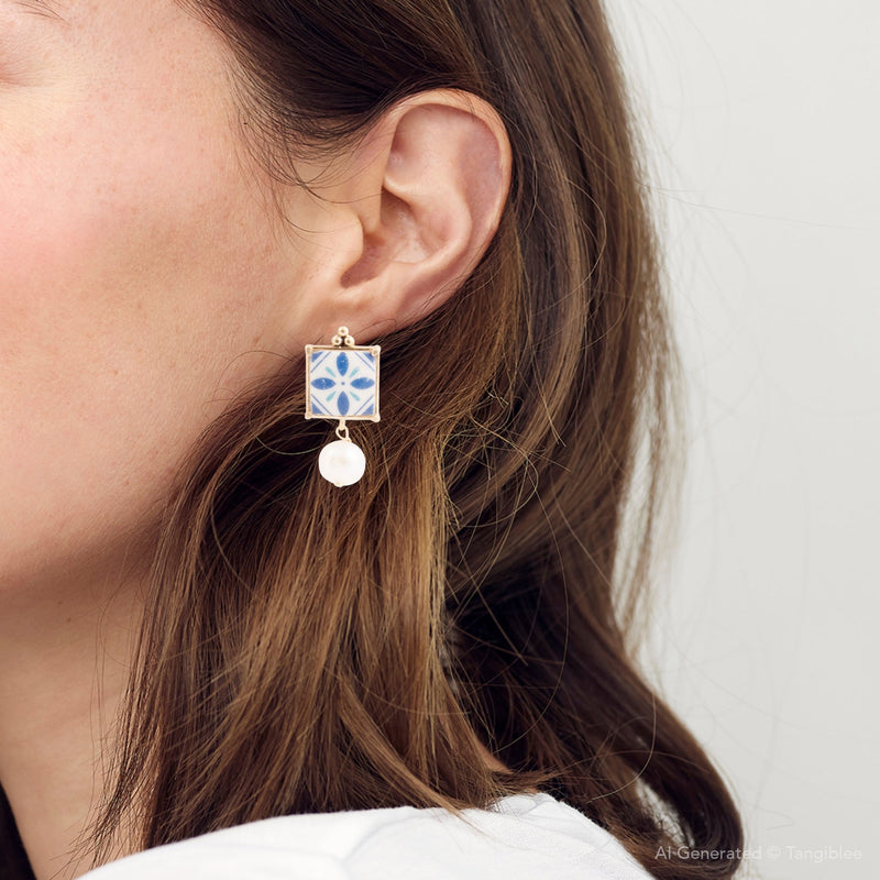 Santorini Dreams Tile Freshwater White Pearl Post Golden Earrings - Barse Jewelry