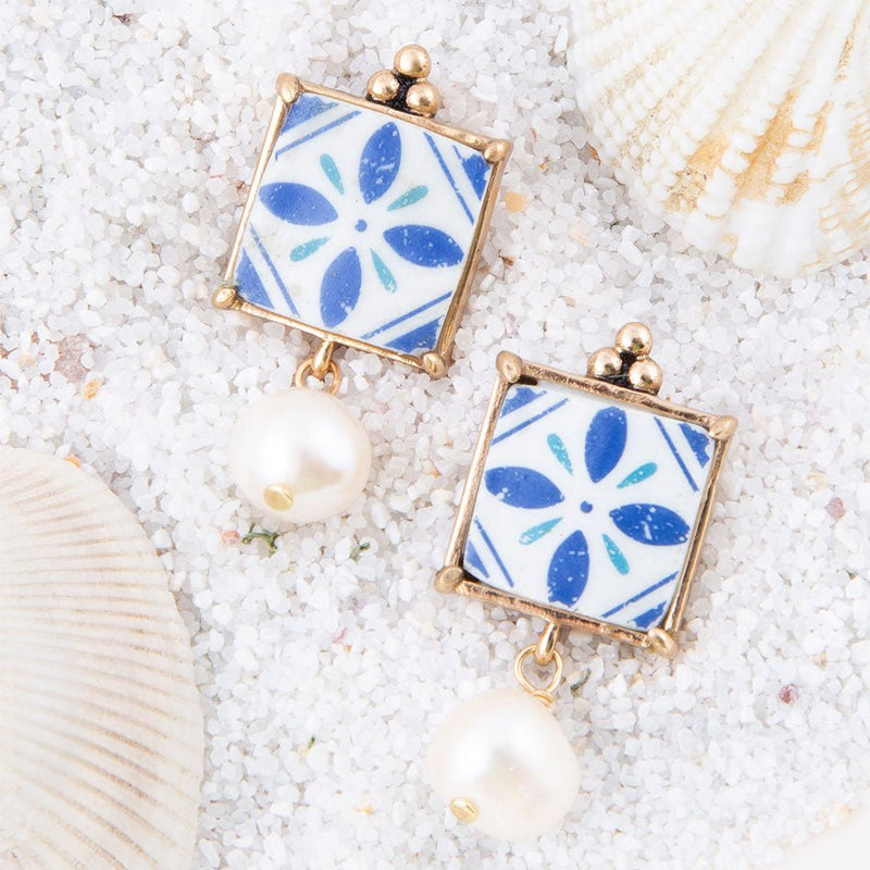 Santorini Dreams Tile Freshwater White Pearl Post Golden Earrings - Barse Jewelry