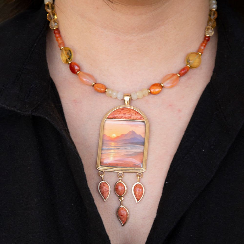 Scene Sunset Orange Sponge Coral Golden Pendant Necklace - Barse Jewelry