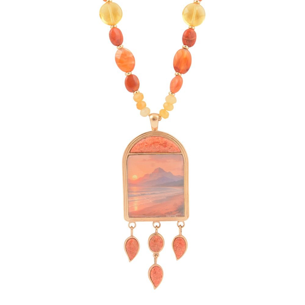 Scene Sunset Orange Sponge Coral Golden Pendant Necklace - Barse Jewelry