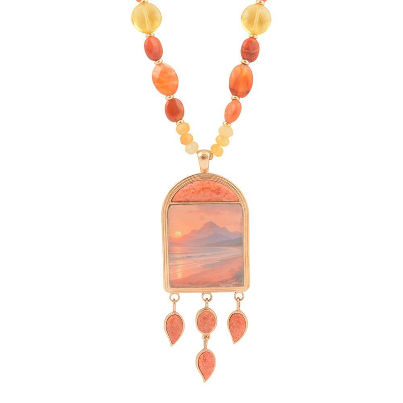 Scene Sunset Orange Sponge Coral Golden Pendant Necklace - Barse Jewelry