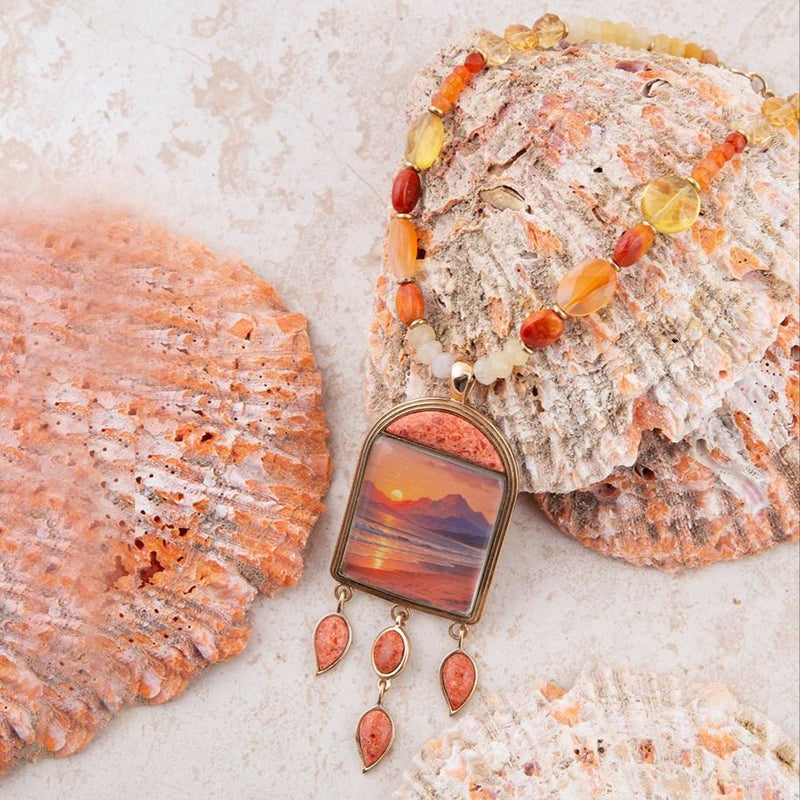 Scene Sunset Orange Sponge Coral Golden Pendant Necklace - Barse Jewelry