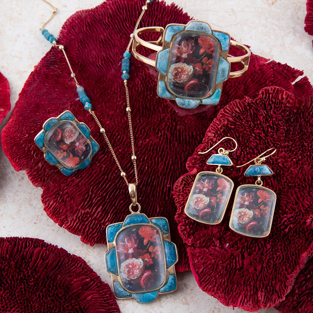 Scenic Dark Florals Blue Apatite Golden Drop Earrings - Barse Jewelry