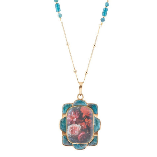 Scenic Red Florals Blue Apatite Golden Pendant Necklace