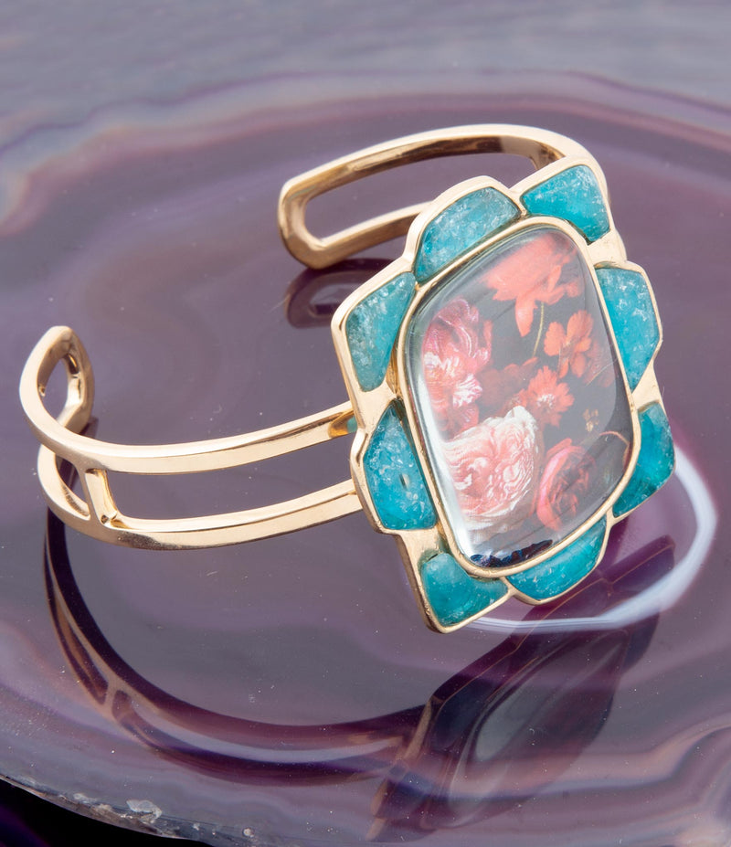 Scenic Floral Blue Apatite Golden Cuff Bracelet - Barse Jewelry