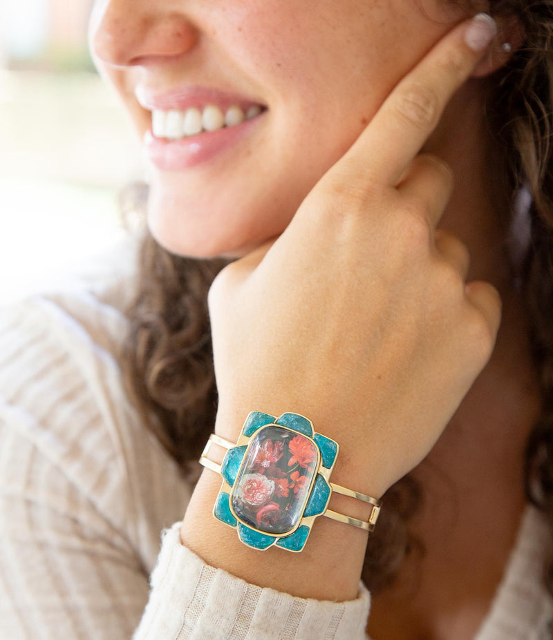 Scenic Floral Blue Apatite Golden Cuff Bracelet - Barse Jewelry