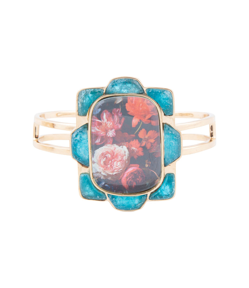 Scenic Floral Blue Apatite Golden Cuff Bracelet - Barse Jewelry