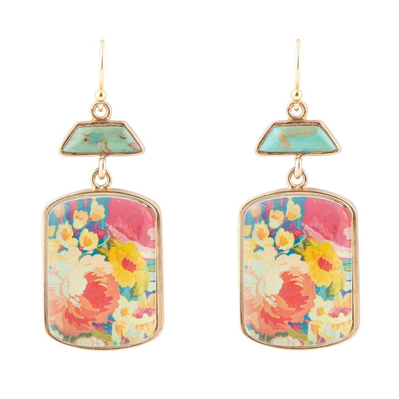 Scenic Floral Blue Turquoise Golden Earrings - Barse Jewelry
