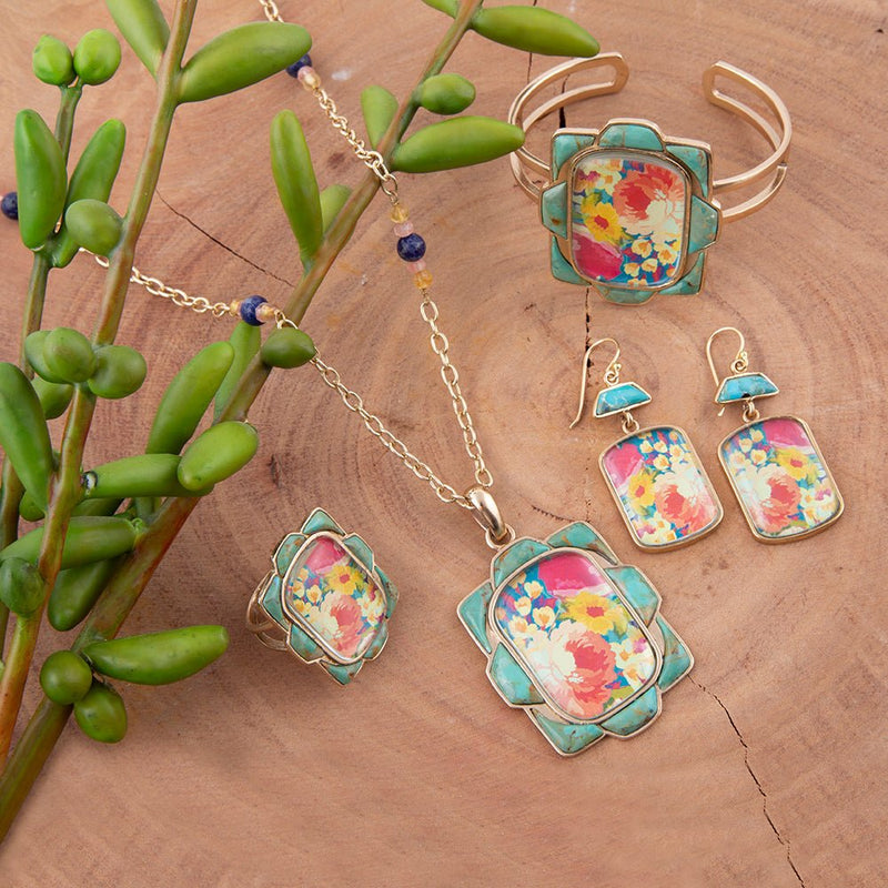 Scenic Floral Blue Turquoise Golden Earrings - Barse Jewelry
