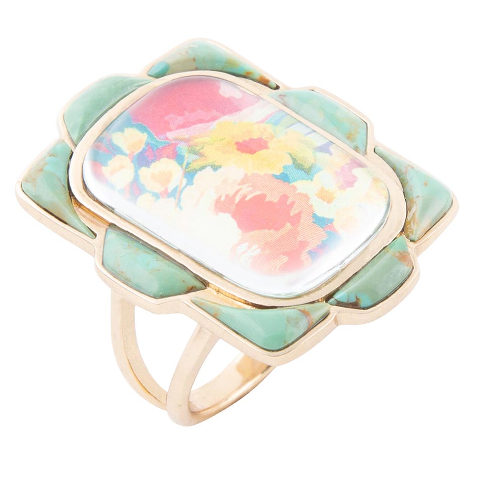 Scenic Floral Blue Turquoise Golden Ring - Barse Jewelry