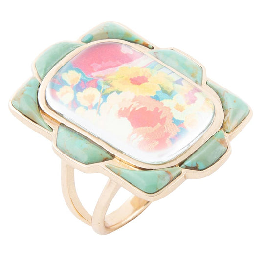 Scenic Floral Blue Turquoise Golden Ring