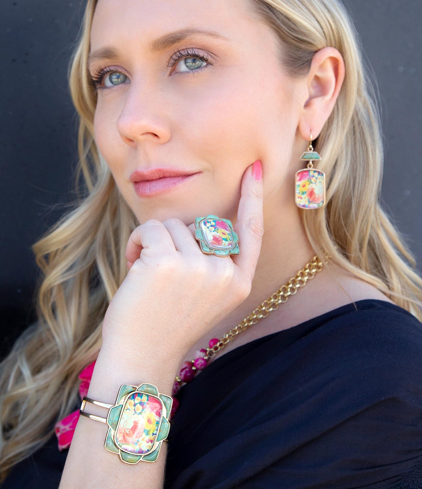 Scenic Floral Blue Turquoise Golden Ring - Barse Jewelry