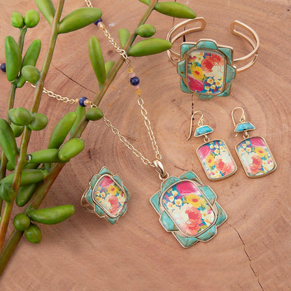 Scenic Floral Blue Turquoise Golden Ring - Barse Jewelry