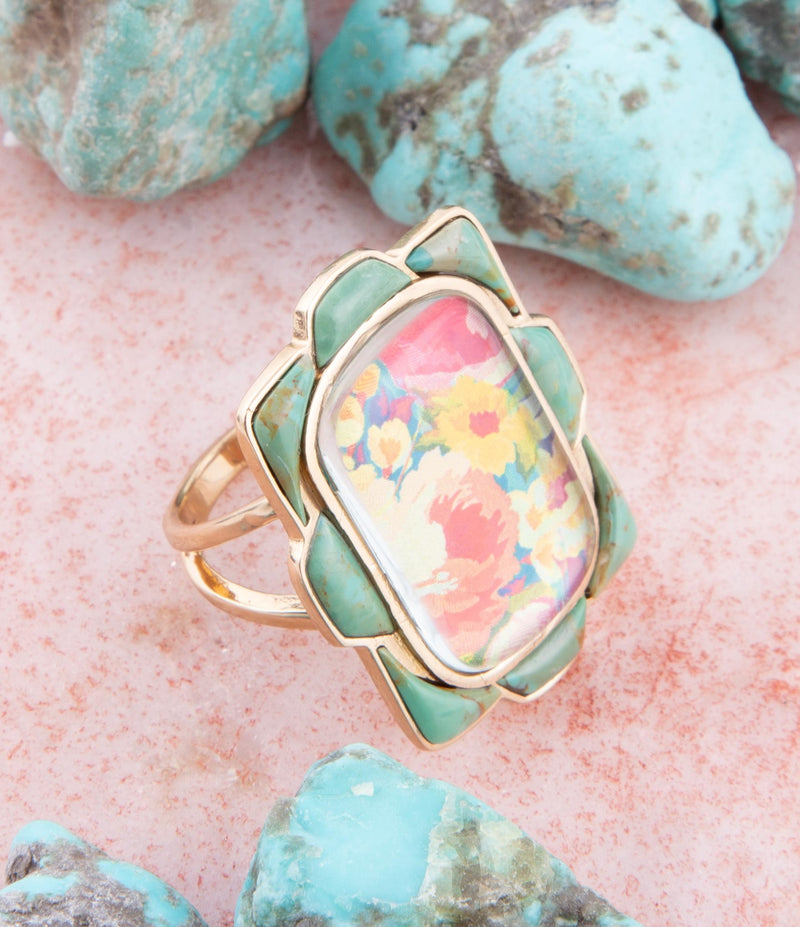 Scenic Floral Blue Turquoise Golden Ring - Barse Jewelry