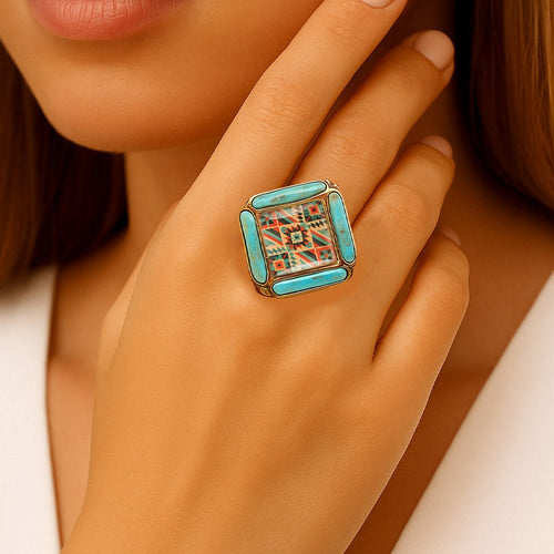 Scenic Native Weave Blue Turquoise Golden Statement Ring - Barse Jewelry