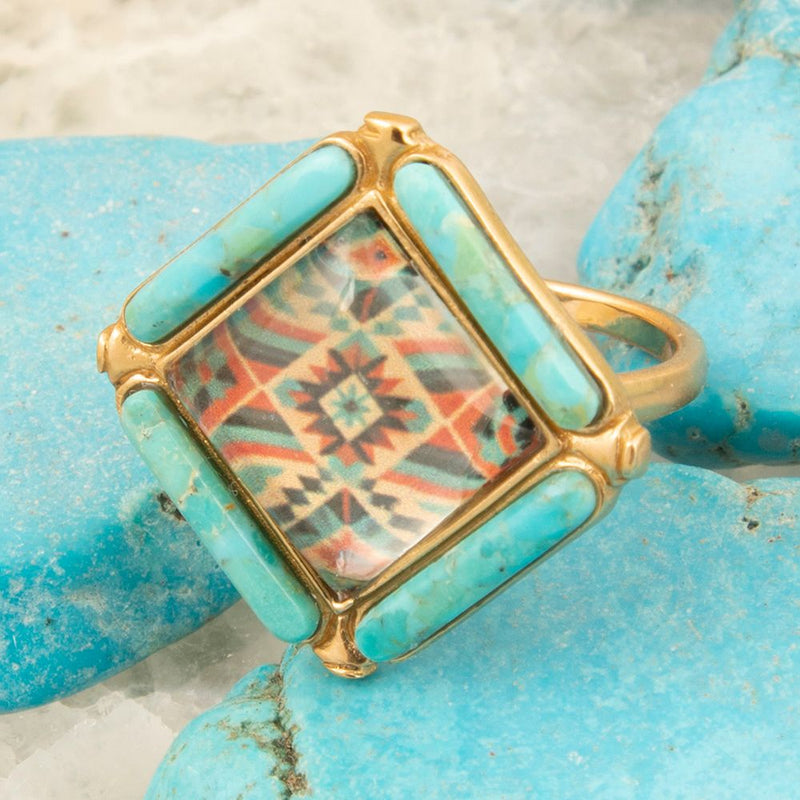 Scenic Native Weave Blue Turquoise Golden Statement Ring - Barse Jewelry