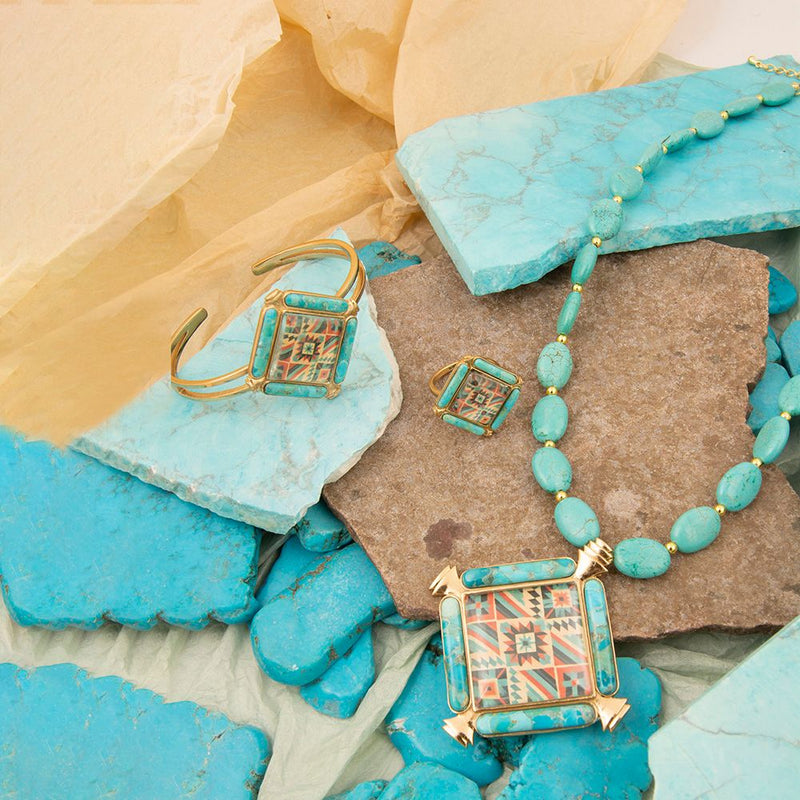 Scenic Native Weave Blue Turquoise Golden Statement Ring - Barse Jewelry