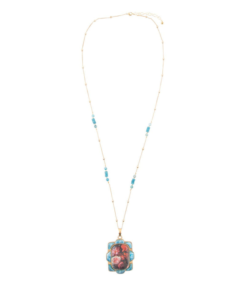 Scenic Red Florals Blue Apatite Golden Pendant Necklace - Barse Jewelry