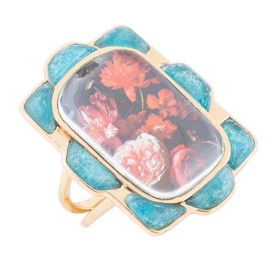 Scenic Red Florals Blue Apatite Golden Statement Ring - Barse Jewelry
