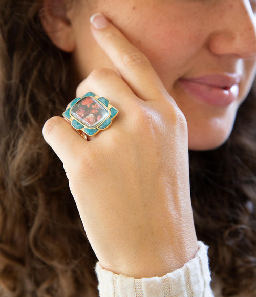 Scenic Red Florals Blue Apatite Golden Statement Ring - Barse Jewelry
