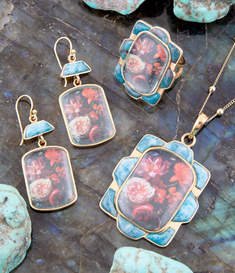 Scenic Red Florals Blue Apatite Golden Statement Ring - Barse Jewelry