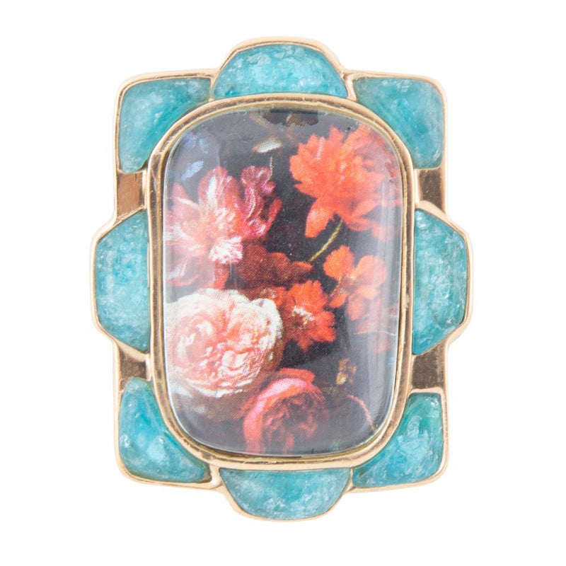 Scenic Red Florals Blue Apatite Golden Statement Ring - Barse Jewelry