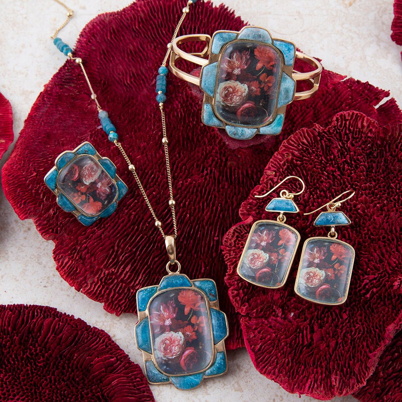 Scenic Red Florals Blue Apatite Golden Statement Ring - Barse Jewelry